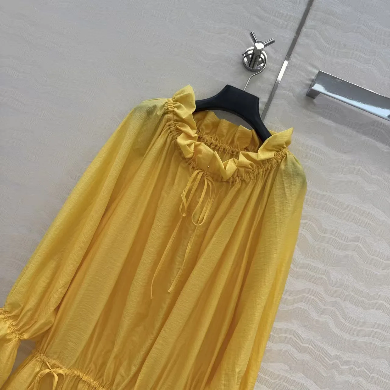Women New Summer Fashion Sweet Solid Color Flounced Stringy Selvedge Collar Drawstring Ruched Long Flare Sleeve Short Mini Dress