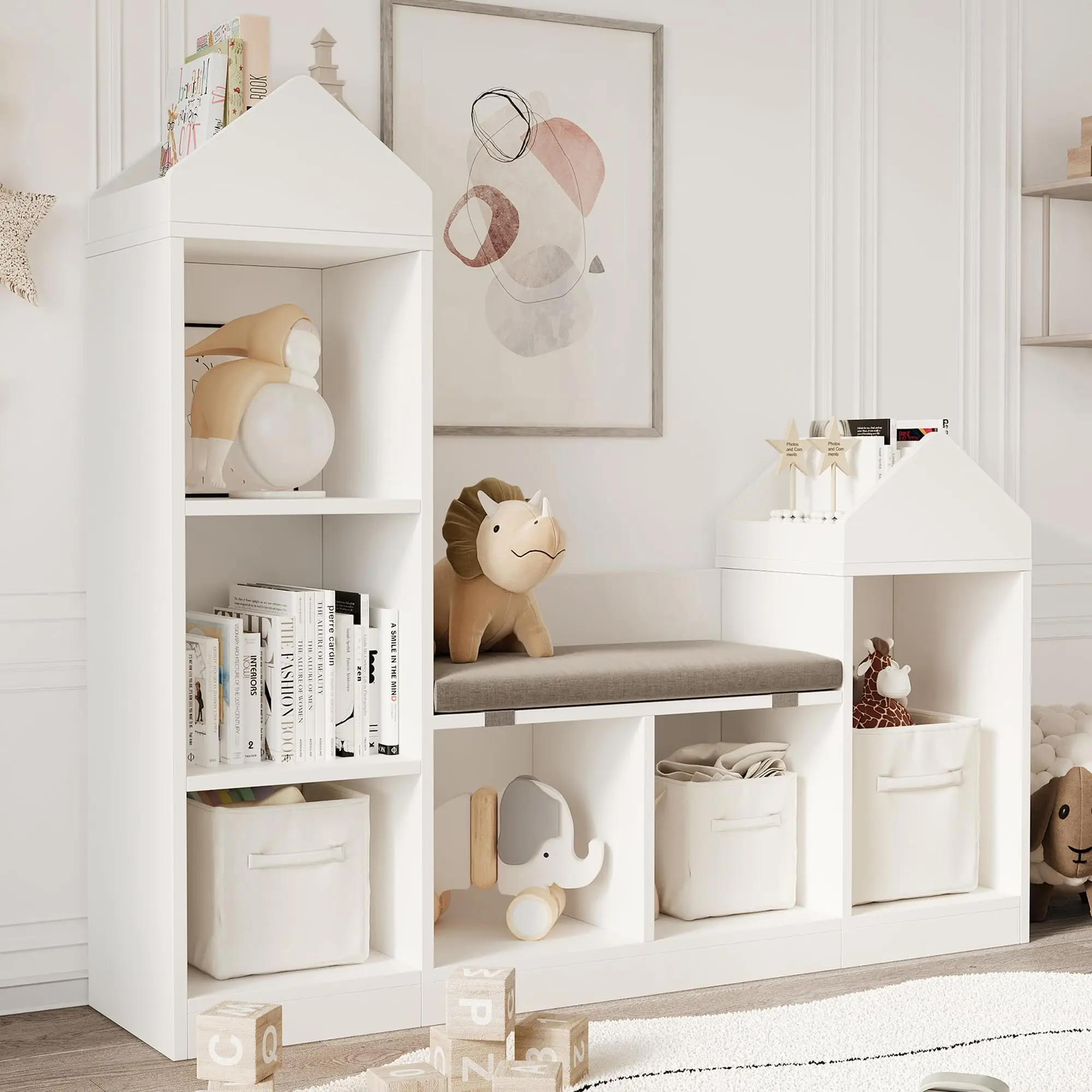 Étagère à livres pour enfants avec coin lecture, largeur 121,3 cm, bibliothèque pour enfants, 6 compartiments, rangement pour jouets, organisateur, coussin de siège, banc de rangement en bois, maisonnette de jeu, armoire, chambre d'enfant