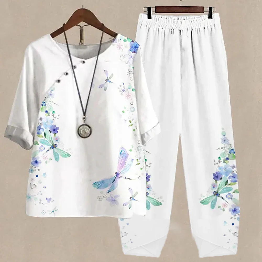 Ladies Elegant Vintage Suit Butterfly Print White Two Piece Set Casual Female Loose Outfits O Neck Short Sleeve Shirt With Pants