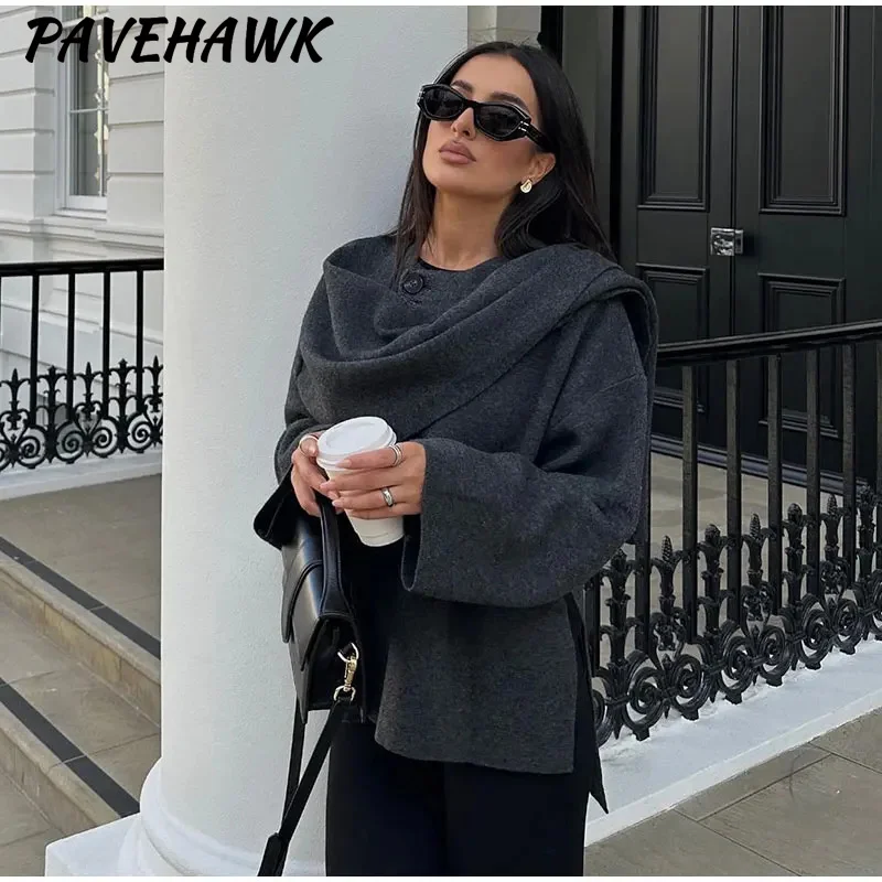 Women Asymmetric Scarf Knitted Jackets Elegant Solid Long Sleeve Loose Short Coat Autumn Winter Grey Elegant Lady Outerwear