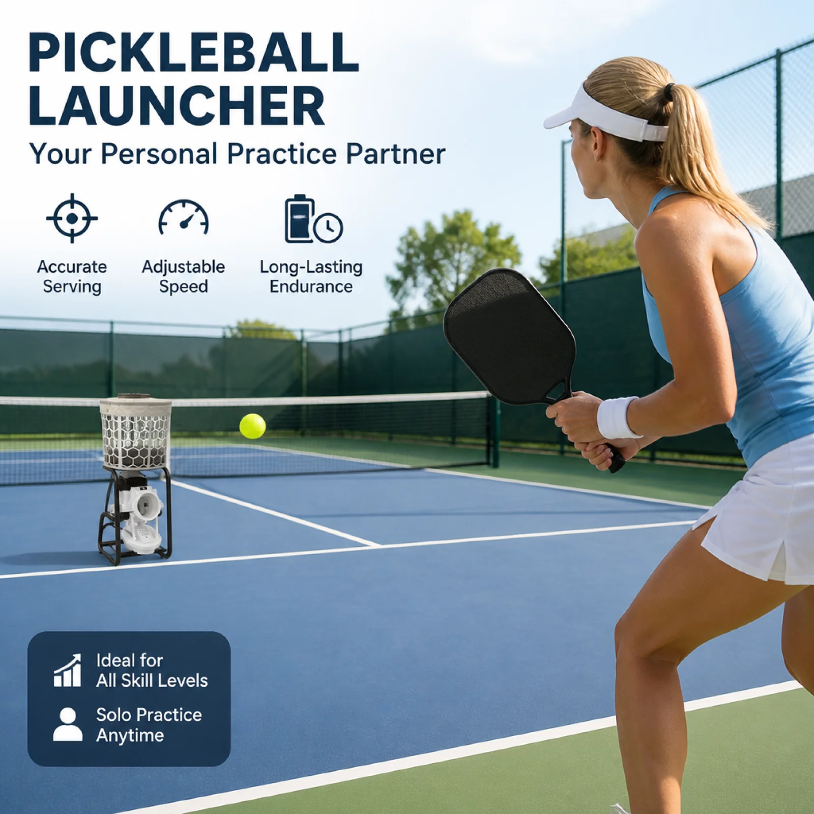 Precision Pickleball Serving Machine Rechargeable Ball Thrower Portable Launcher with Wheels for Training