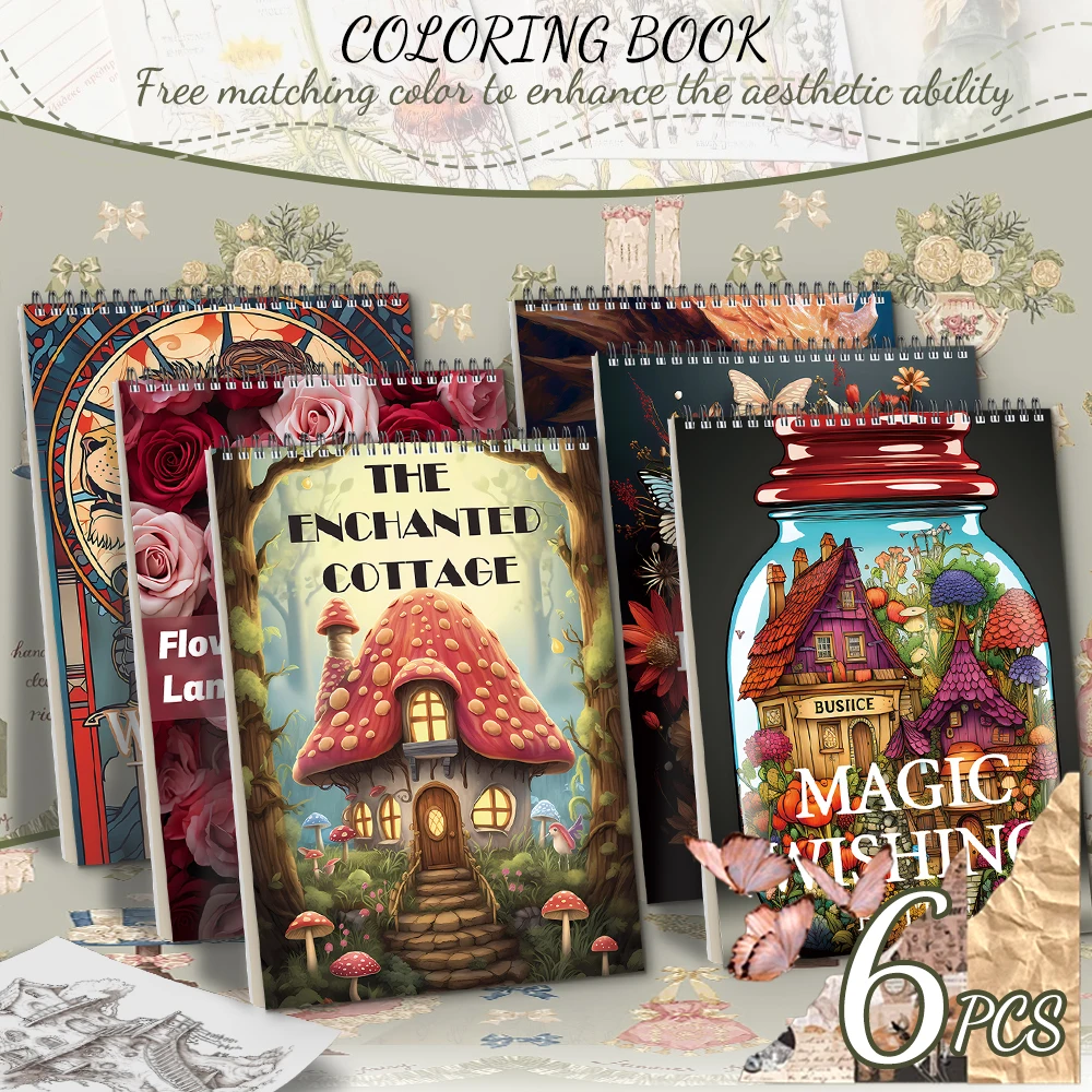 

6pcs Adult Coloring Book Set, with the theme of landscape and magic jar, is perfect as a gift for friends.