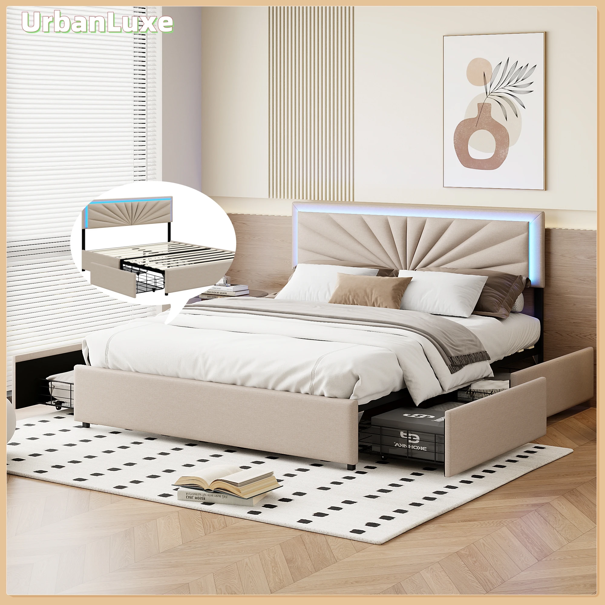 UrbanLuxe Lit 160x200 avec sommier, avec 4 tiroirs et éclairage LED, lit avec rangement, sommier à lattes, lin, beige