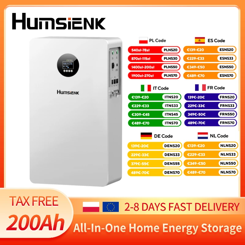 Humsienk 5,12 kWh All-in-One Energieopslagsysteem met 5 kW Solar Inverter Pure Sine Wave AC220V Uitgang, 160A MPPT Solar Charger, PV Max 500V Ingang, voor Thuis/Kantoor