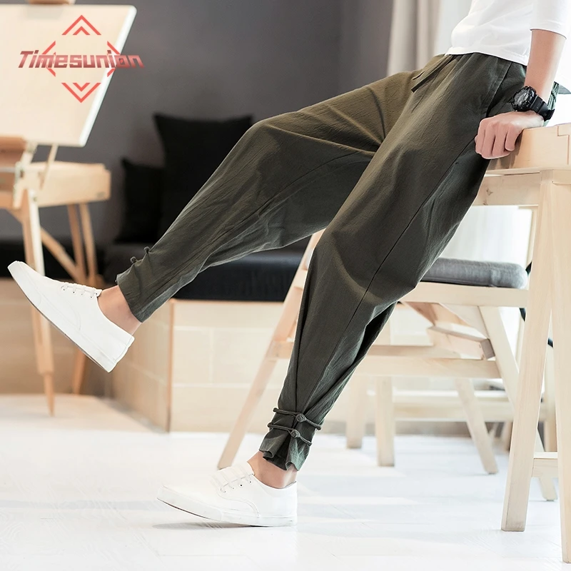 

Spring Summer Men Disc Buckle Loose Harem Pants Breathable 100% Cotton Pencil Pants Buckle Casual Bloomers Fashion Trousers