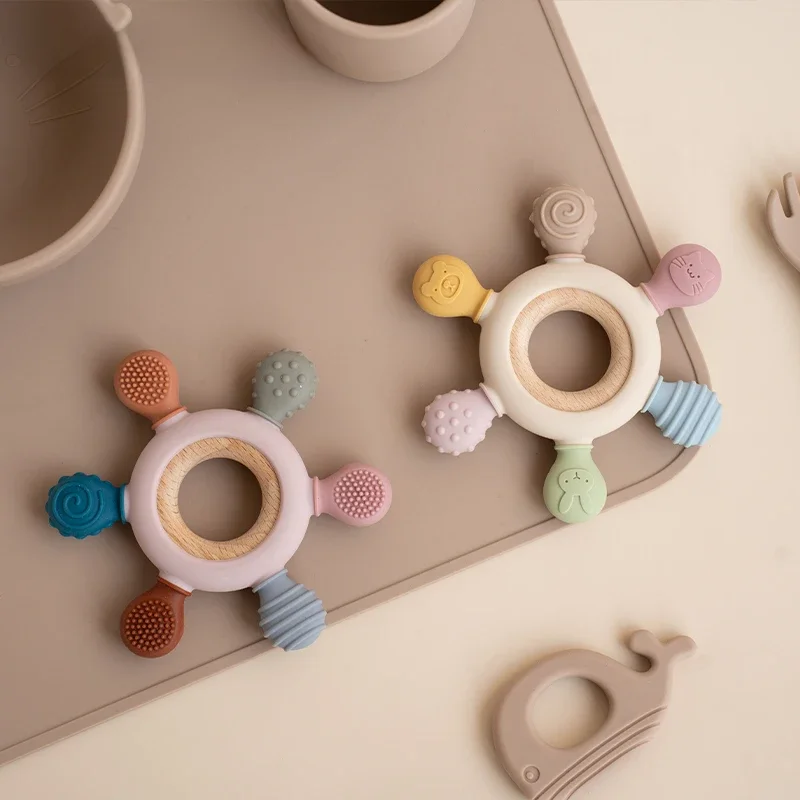 1szt Food Grade Baby Silicone Teether Rudder Shape Wooden Ring Teething Toys BPA Free Infant Chewing Nursing Toy Newborn Gifts — zdjęcie 2