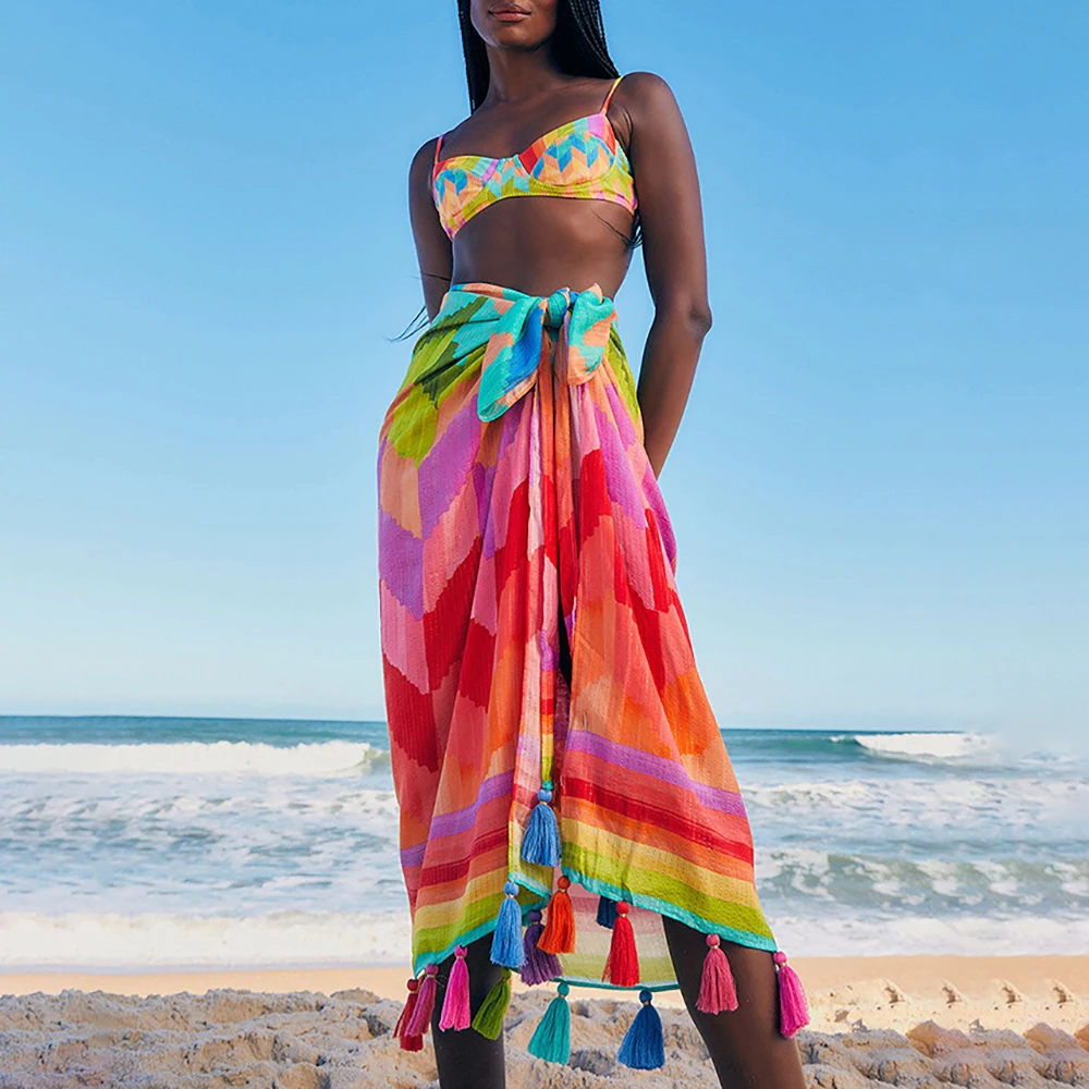 Colorful Printed Gathered Sling Bikini High Waist Cut Hollow Backless Swimsuit Women's Cover Up Beach Skirt Elegant and Chic