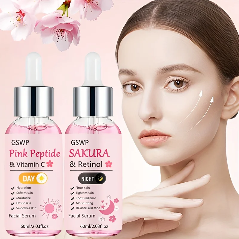 Sérum Vitamínico GSWP Sakura com Retinol e Peptídeos, contendo niacinamida, essência C matinal e A noturna, hidratação profunda. 60+60ml