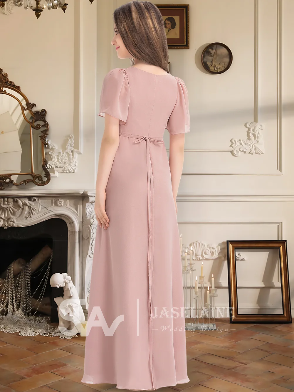 فستان أنيق للأطفال على شكل حرف V ورقبة على شكل حرف V بطول الأرض من الشيفون لوصيفة العروس مع حزام فستان فتاة الزهور لحفلات الزفاف الرسمية