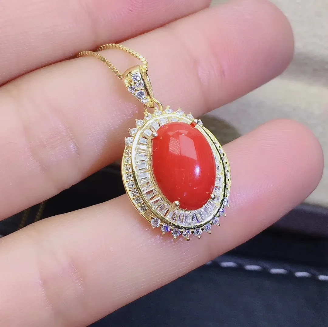 Girls' Natural Red Coral 8x12mm Large Gemstone Necklace Pendant Ring 3-Piece Set 925 Pure Silver Plated Gold Gift for Girlfriend