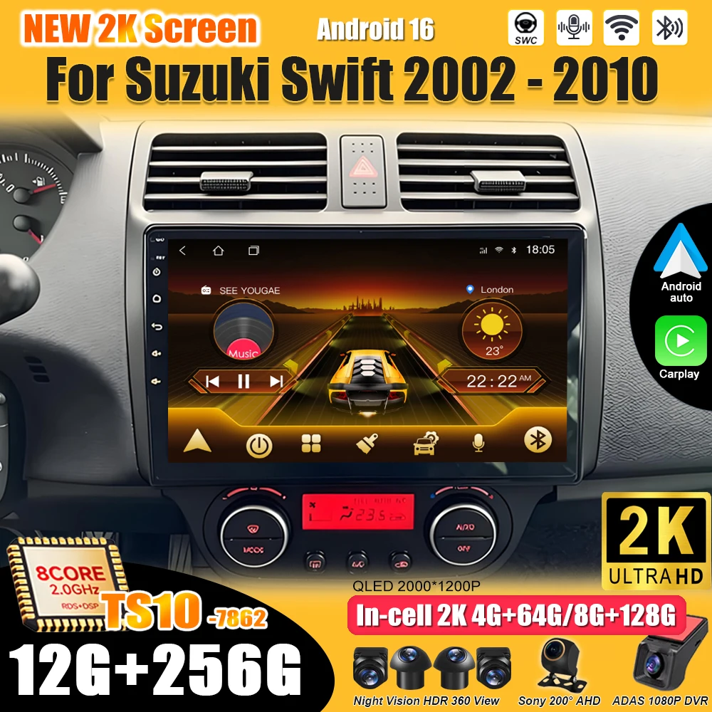Para Suzuki Swift 2003 2002 2007 2008 2009 2010 Reprodutor de Vídeo Multimídia Android 16 com Tela Touch Carplay RDS 8 Core DSP 5G