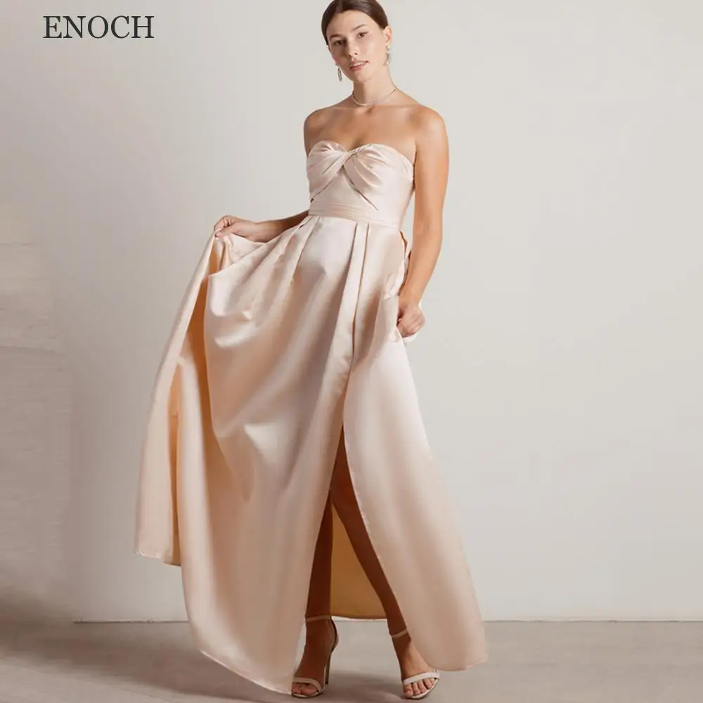 

ENOCH Sweetheart Satin Bridesmaid Dresses Sleeveless Side Split Backless Party Dresses New Pleated Vestidos De Gala Custom Made