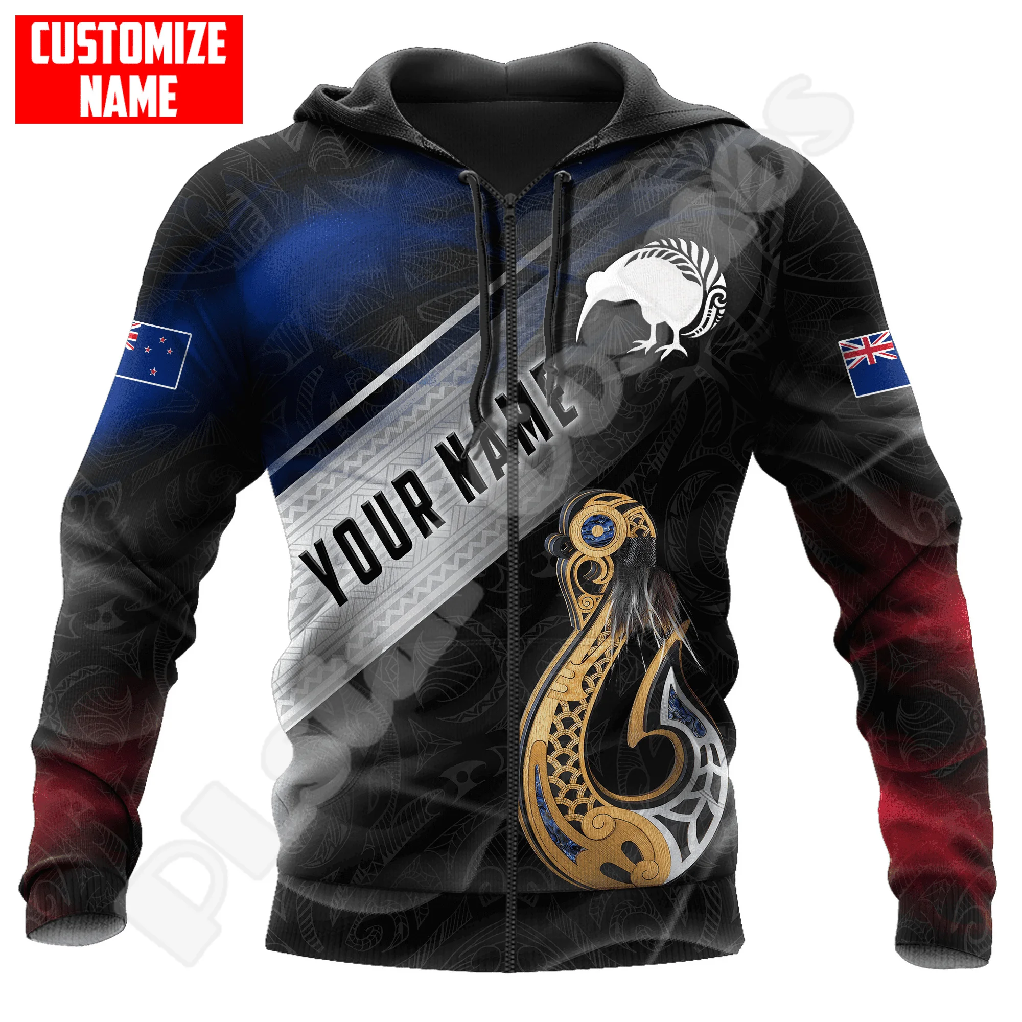 Custom Name Country Flag New Zealand Aotearoa Maori Tattoo Retro Long Sleeves 3DPrint Pullover Harajuku Casual Jacket Hoodies XI