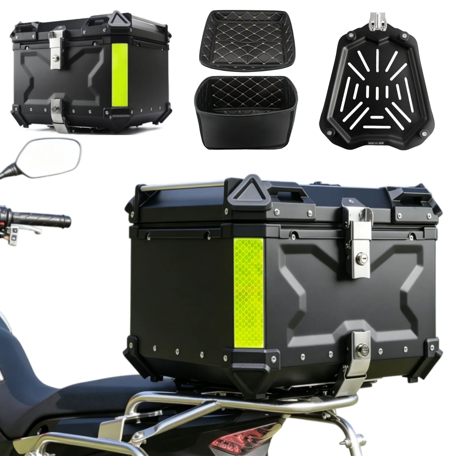 Aluminiowa skrzynia bagażowa do motocykla, 45L, 55L, 65L, uniwersalna, z systemem szybkiego zamykania, do montażu z tyłu motocykla, pasuje do modeli BMW, CFMOTO, VOGE, Honda, Yamaha.