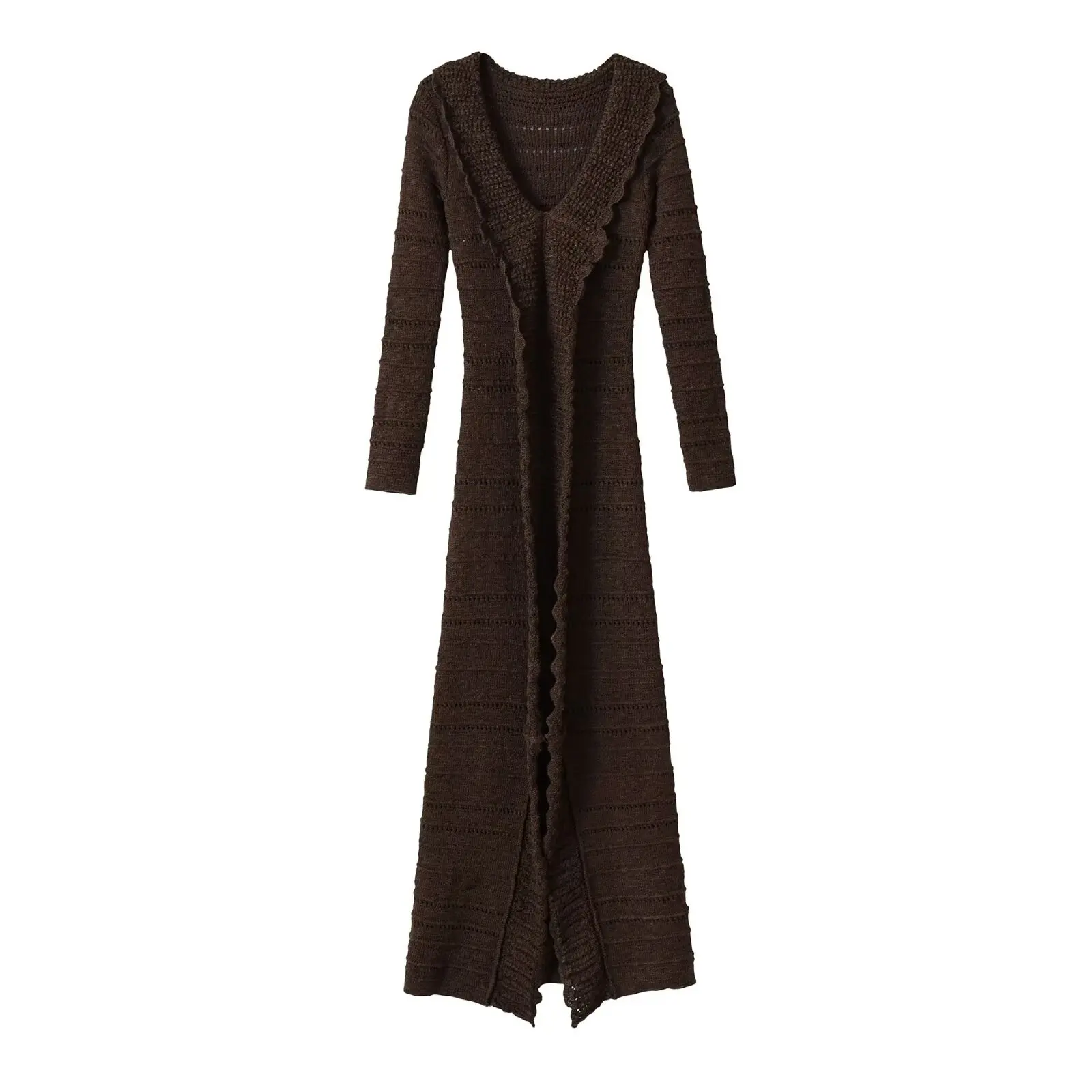 Vintage Hooded Long Cardigan Women Casual Crochet Hollow Out Knit Sweater Fall Winter Open Front Maxi Duster Coat Jacket