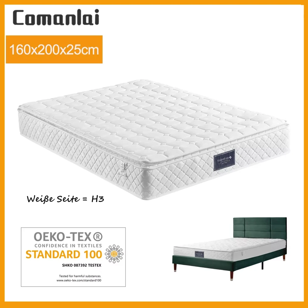 Colchón Comanlai Spring Core 160x200x25cm, colchón de espuma fría de 7 zonas, dureza H3, respaldo de referencia de microfibra oculta, blanco