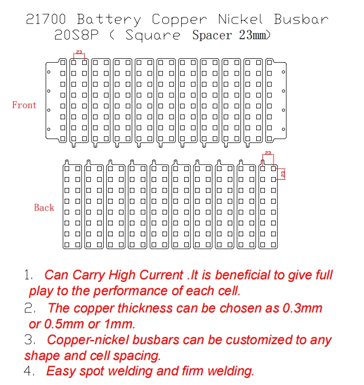 WELLGO 1SET Excessive Current 50A-800A 23MM Nickel Plated Bus Bars Connector Flexible Laminated 21700 20S8P Copper Bus Bars