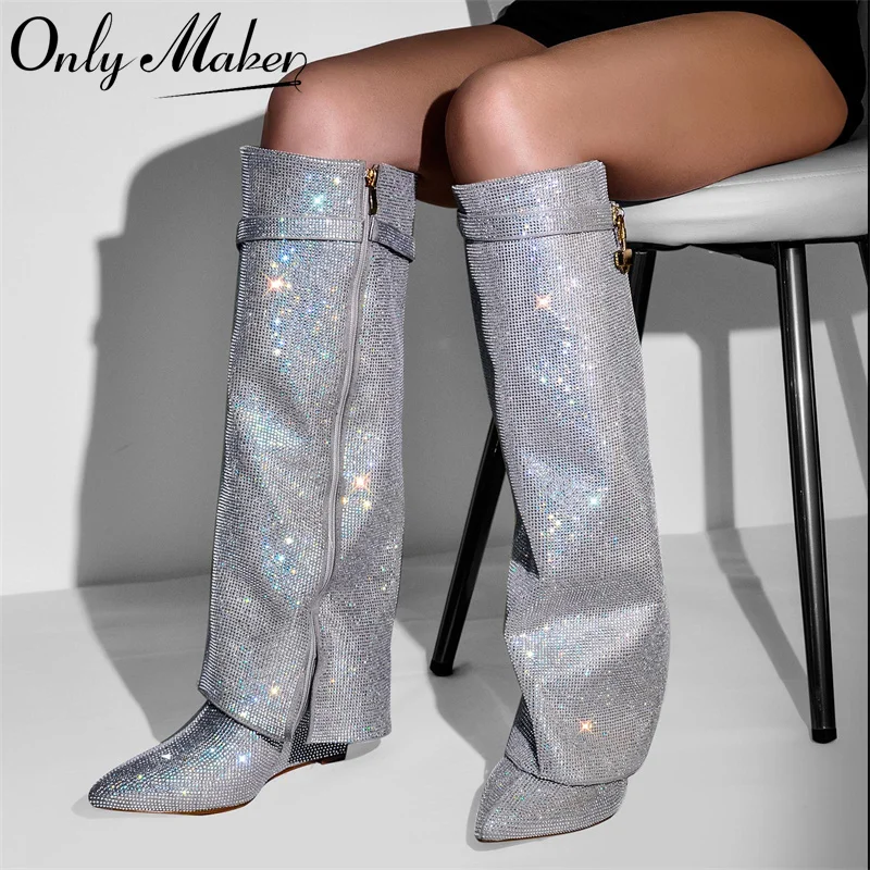 

Onlymaker Women Pointed Toe Rhinestone Wedge Fold Over Boots Knee High Boots Party Dress Wedding Shark Lock Bling Buckle Boots