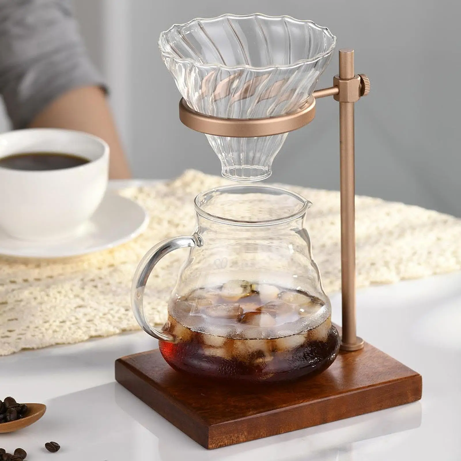 Coffee Dripper Stand Pour Cover Adjustable Height Rack Dripper Filter Holder with Wood Base for Manual Brewing Walnut Wood