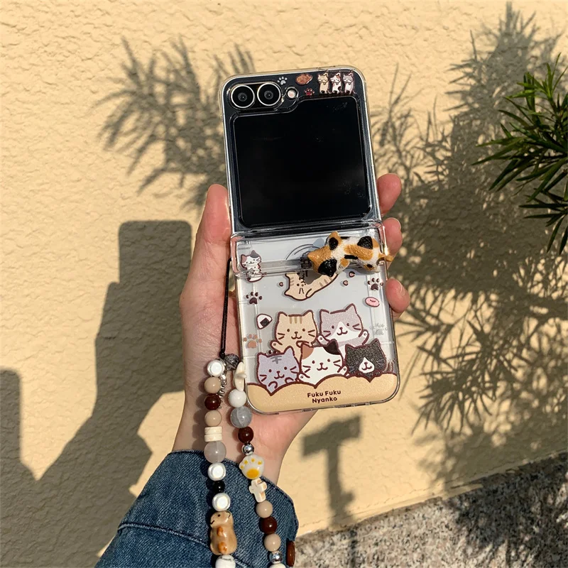 Koreański uroczy kotek 3D z miejscem na kartę składane etui na telefon Samsung Z Flip3 4 zflip5 flip6 Galaxy 5G Kawaii flip z łańcuszkiem — zdjęcie produktu 5