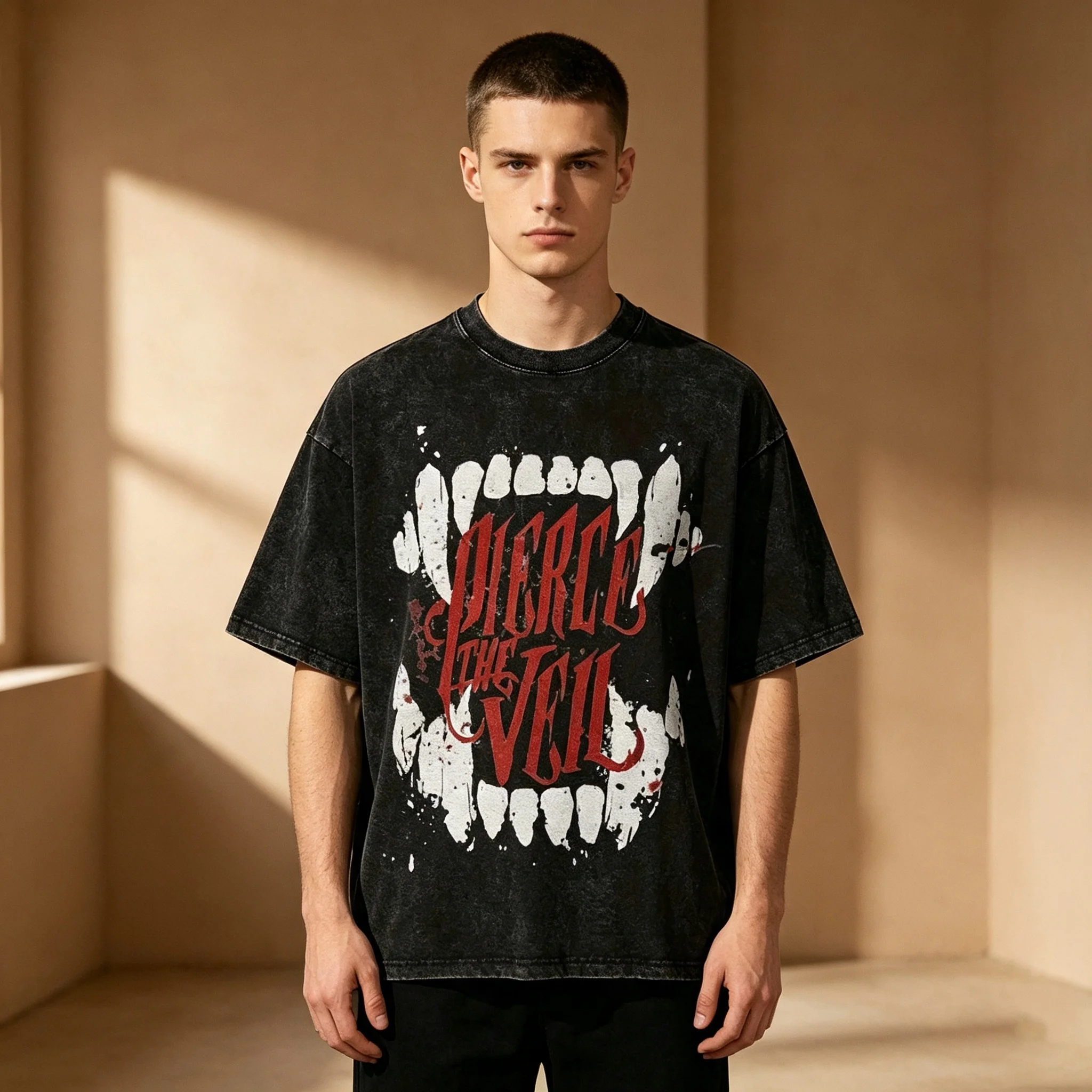 Gothic Pierce The Veil Fangs Graphic Tee Men Acid Washed Retro Metal Band Short Sleeve Alternative Street Tshirt