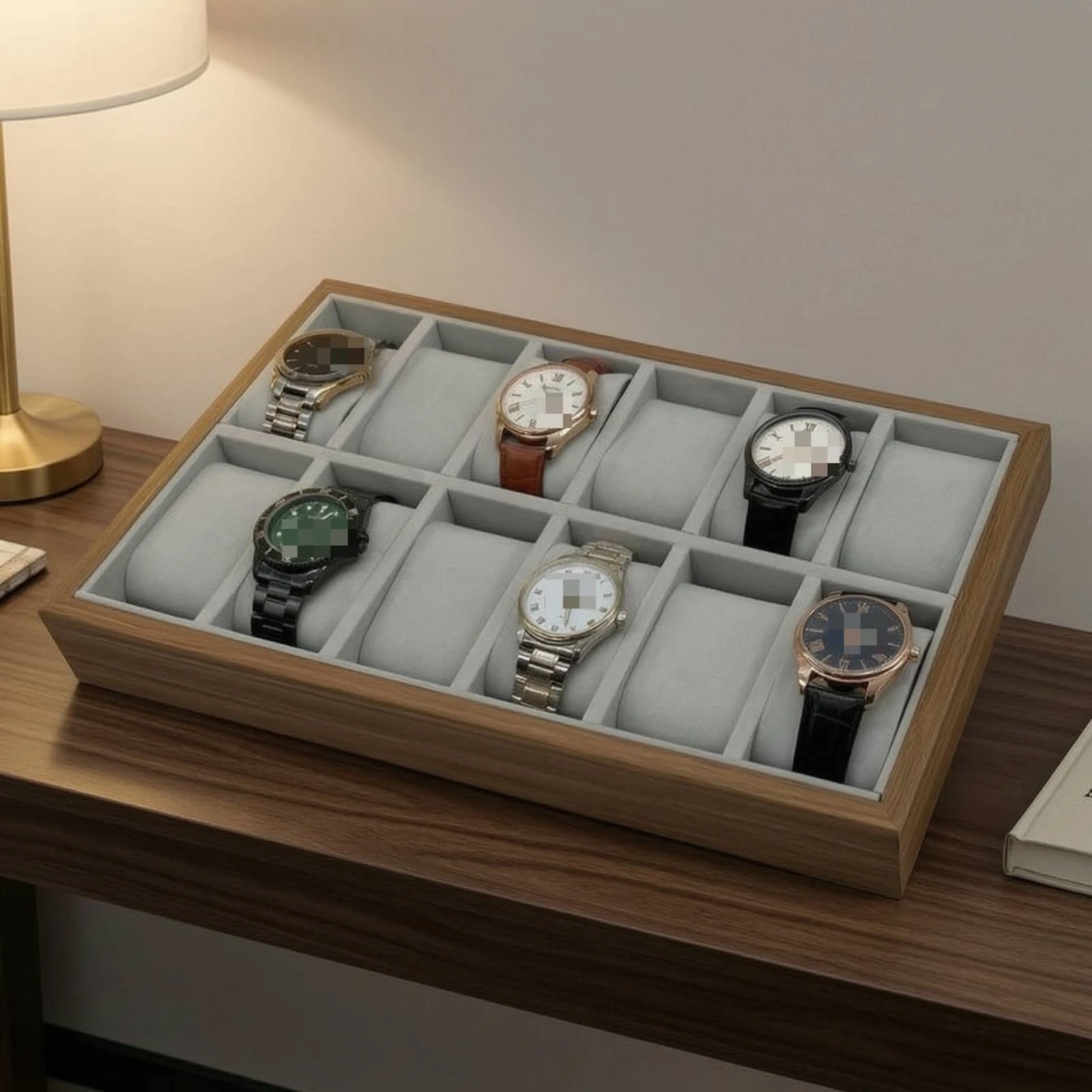 Watch Display Tray Large Capacity Lid Watch Storage Box Lumber Watch Box Walnut for Home, Tabletop, Dresser, Shop Counter