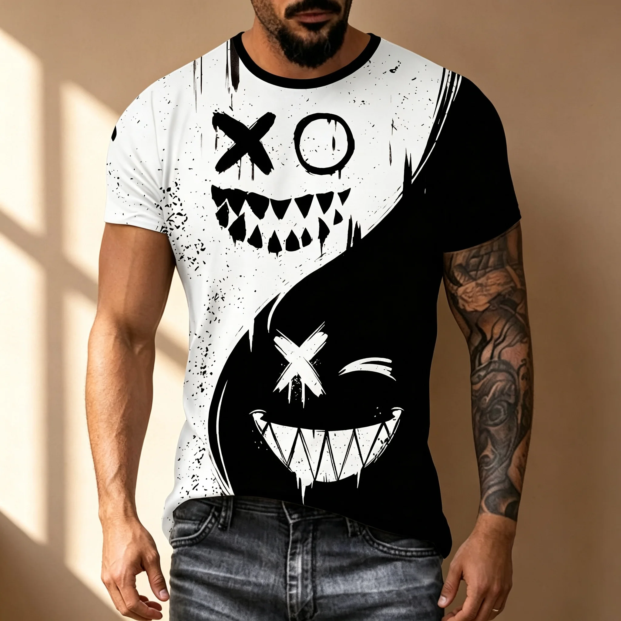 Men's Yin Yang Smiley Face Graphic Short Sleeve T-Shirt, Black White Split Crew Neck Casual Loose Tee, Summer Streetwear Hip Hop