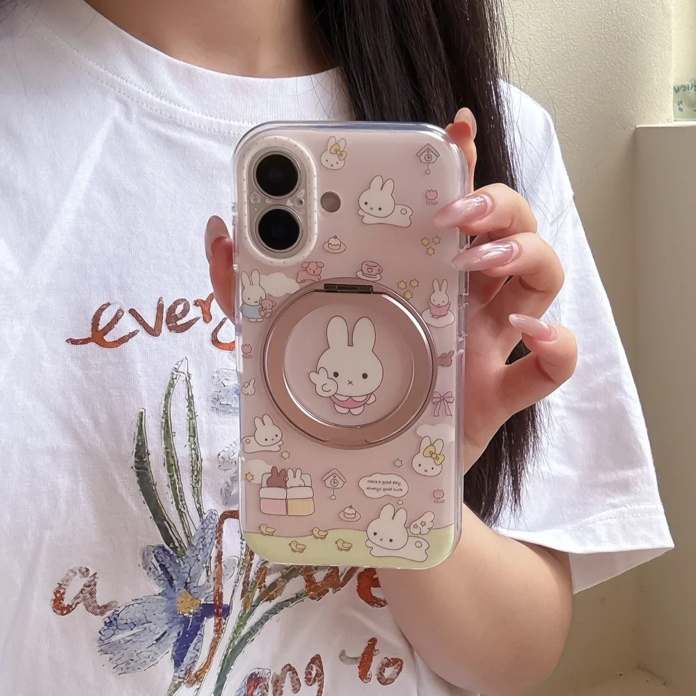 Kawaii Cartoon Rabbit Sweet Phone Case For iPhone 17 Pro 16 Max 15 16 17 Pro Max 15Pro Cute Anti-fall Cover With Magnetic Holder