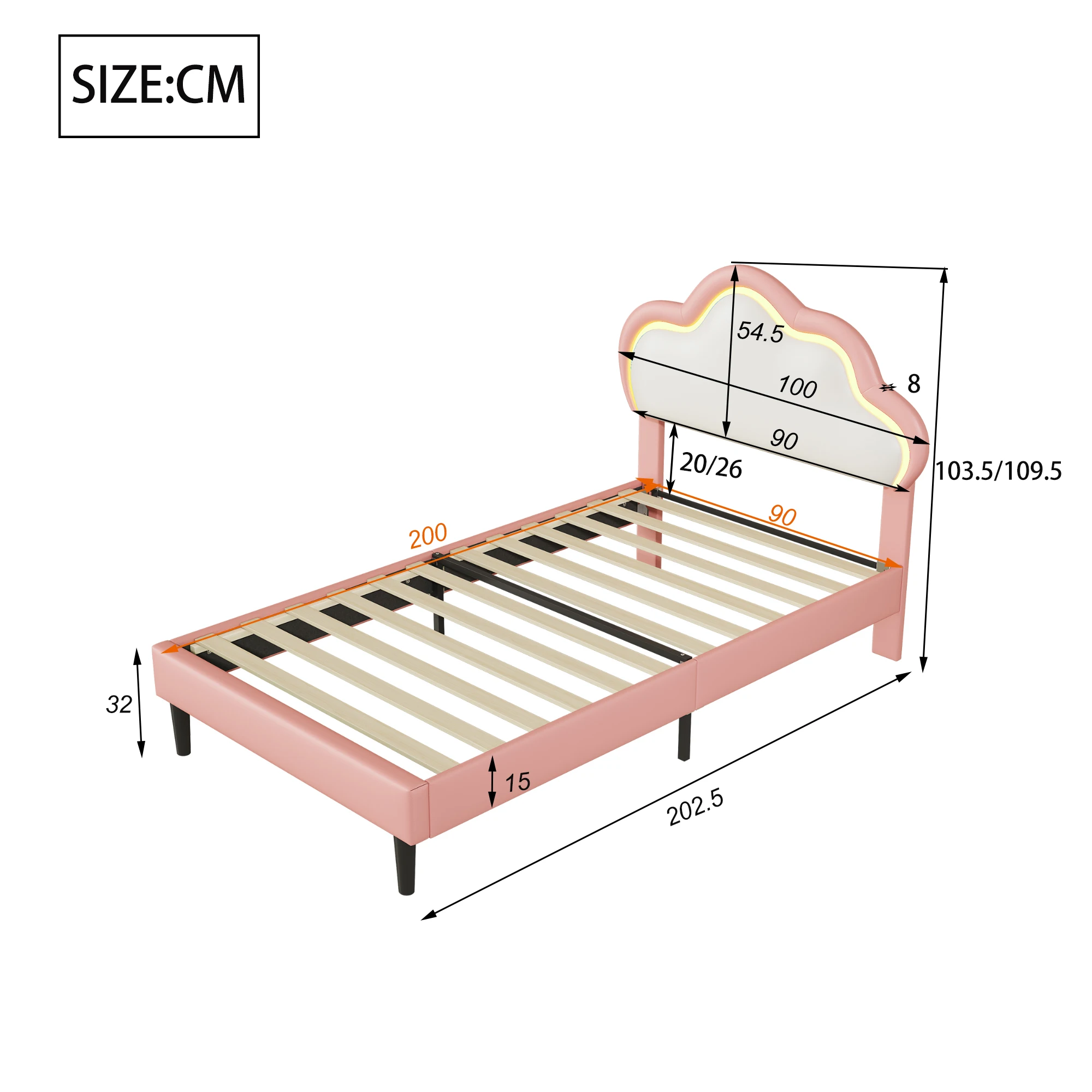 Children\'s bed 90x200cm with cloud-shaped headboard, with multi-color changing LEDs, velvet fabric, beige
