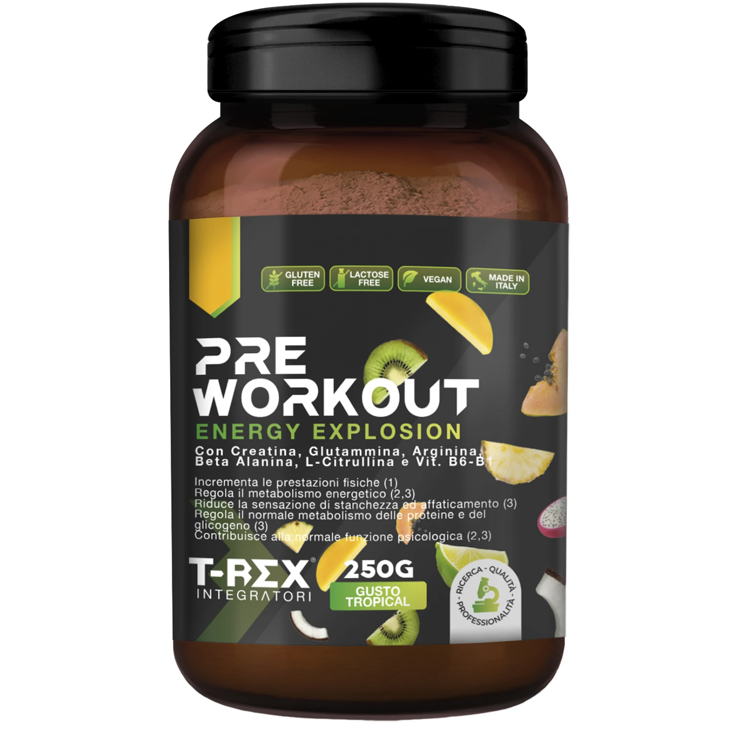 Suplementos Pre-Entrenamiento T-Rex, Bebida Energética Potente con Creatina Monohidratada, Citrulina, Taurina, Arginina, Beta Alanina y Vitaminas - Sin Cafeína, 250 g (1 paquete), tropical