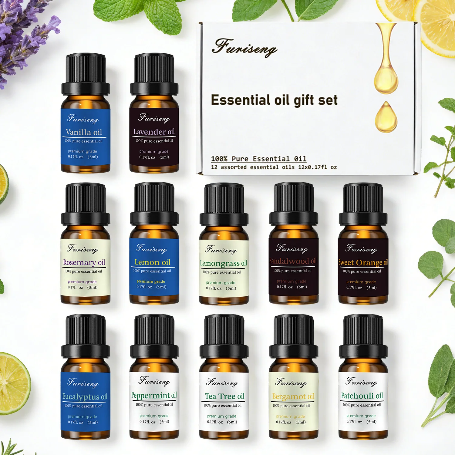

12Pcs Essential Oil Set Lavender Orange Peppermint Vanilla Lemon Wood & More for Diffuser Humidifier Candle Soap Making Gift Box