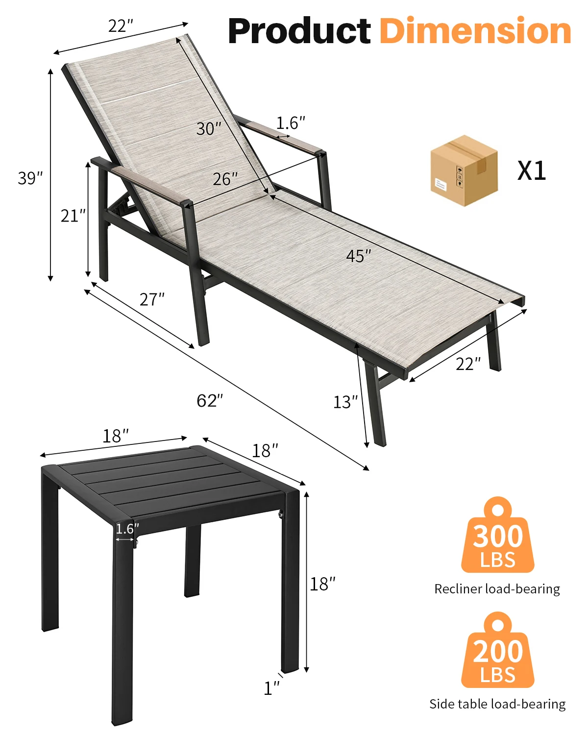 SEEHILL 3-Piece Outdoor Chaise Lounge Set, Never-Rust Aluminum Patio Lounge Chairs with Side Table, Double-Layer Textilene Pool Lounge Chairs, Adjustable Backrest Sunbathing Loungers for Beach, Garden