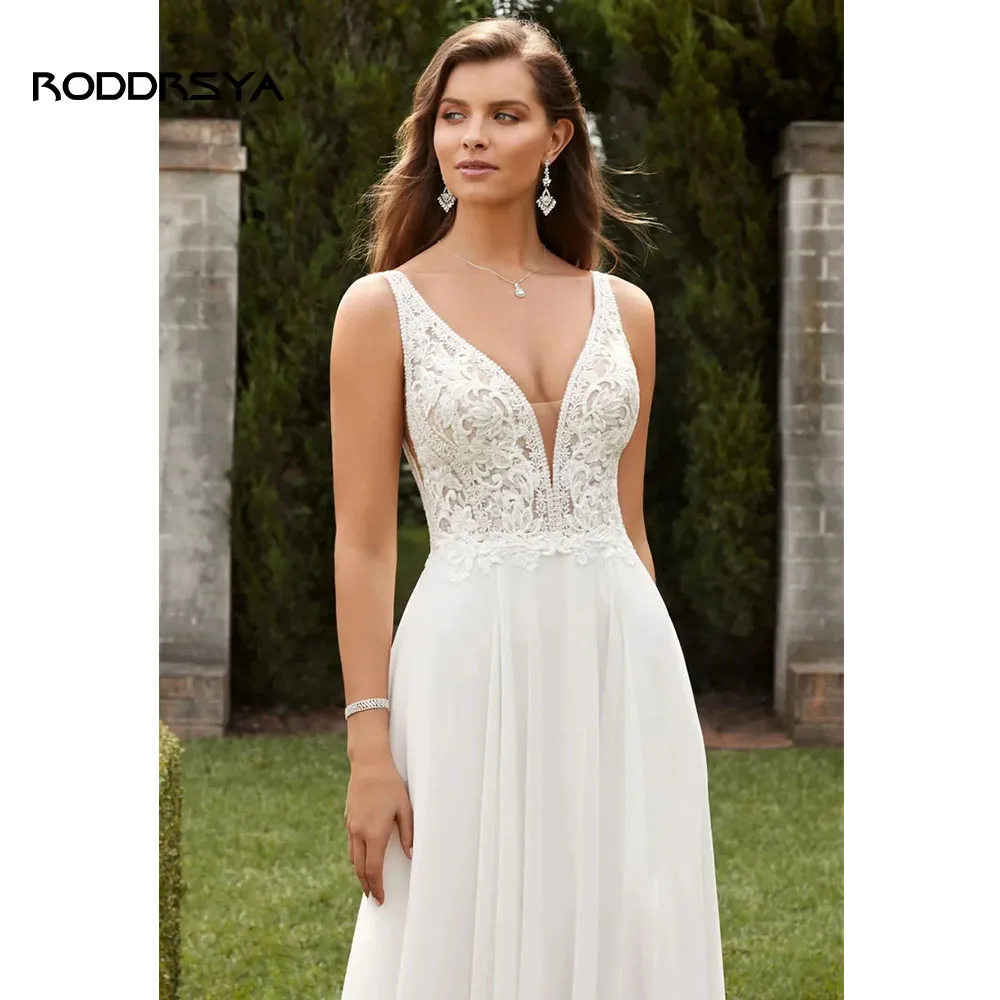 Roddrsya Boho Elegante Trouwjurk Voor Vrouwen 2023 V-hals Backless Applicaties Lace Button Bruidsjurk Vestidos De Novia Chiffon