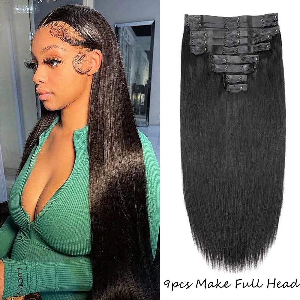 

16-24 дюймов, прямые заколки для человеческих волос, 120 г/компл., натуральные черные заколки для наращивания волос, 9 шт., бразильские заколки для волос на всю голову