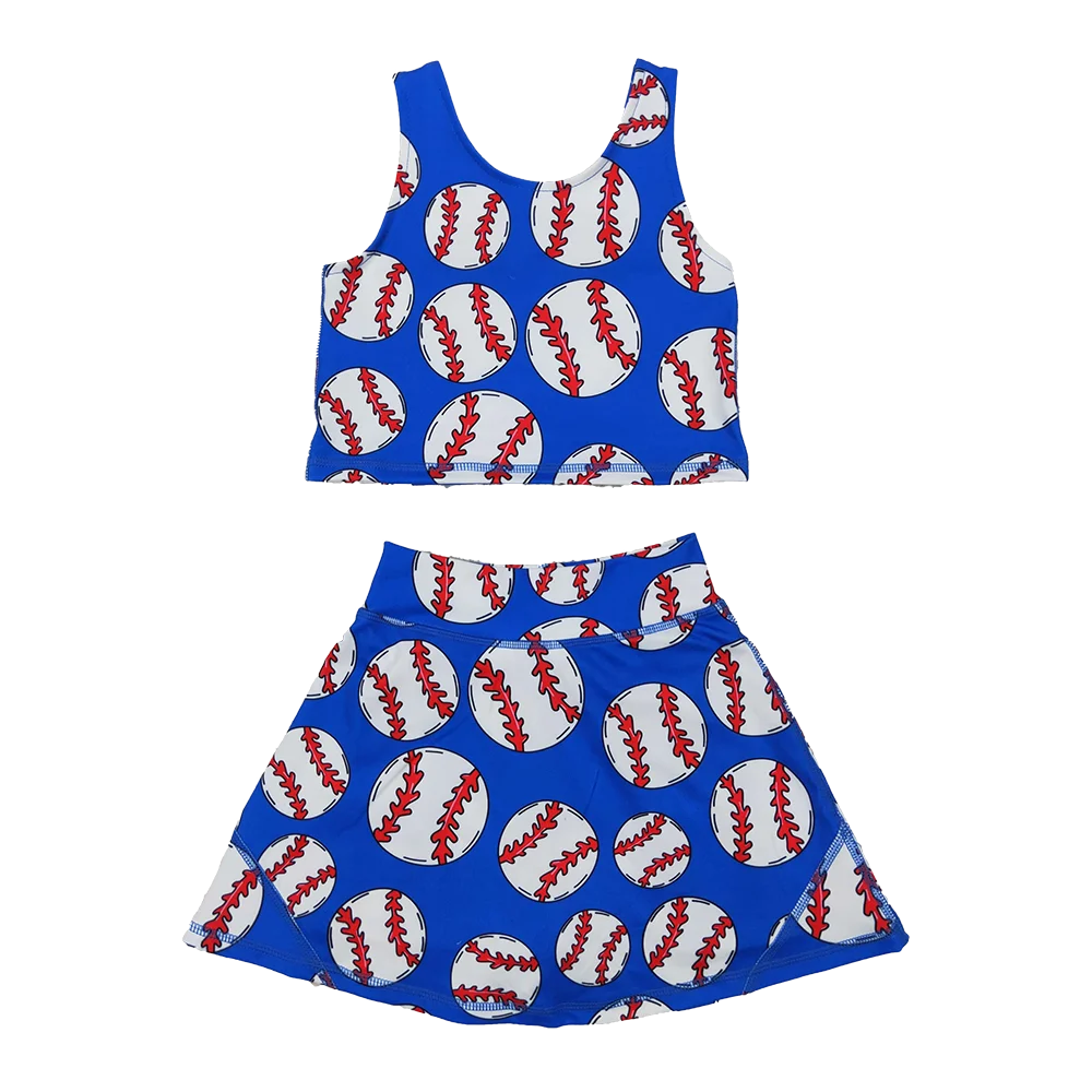 

GSD2040Baby Girls Summer Yoga Outfits Sleeveless blue baseball top skirt girls activewear clothing set