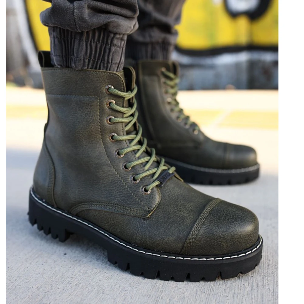 FOH Store 2023 Boots for Men GREEN Lacing and Zipper Non-Leather Winter Fashion Snow Large Sizes Ankle Sports Comfortable Warm Design Man's Shoes Easily Wear Breathable Footwear 009