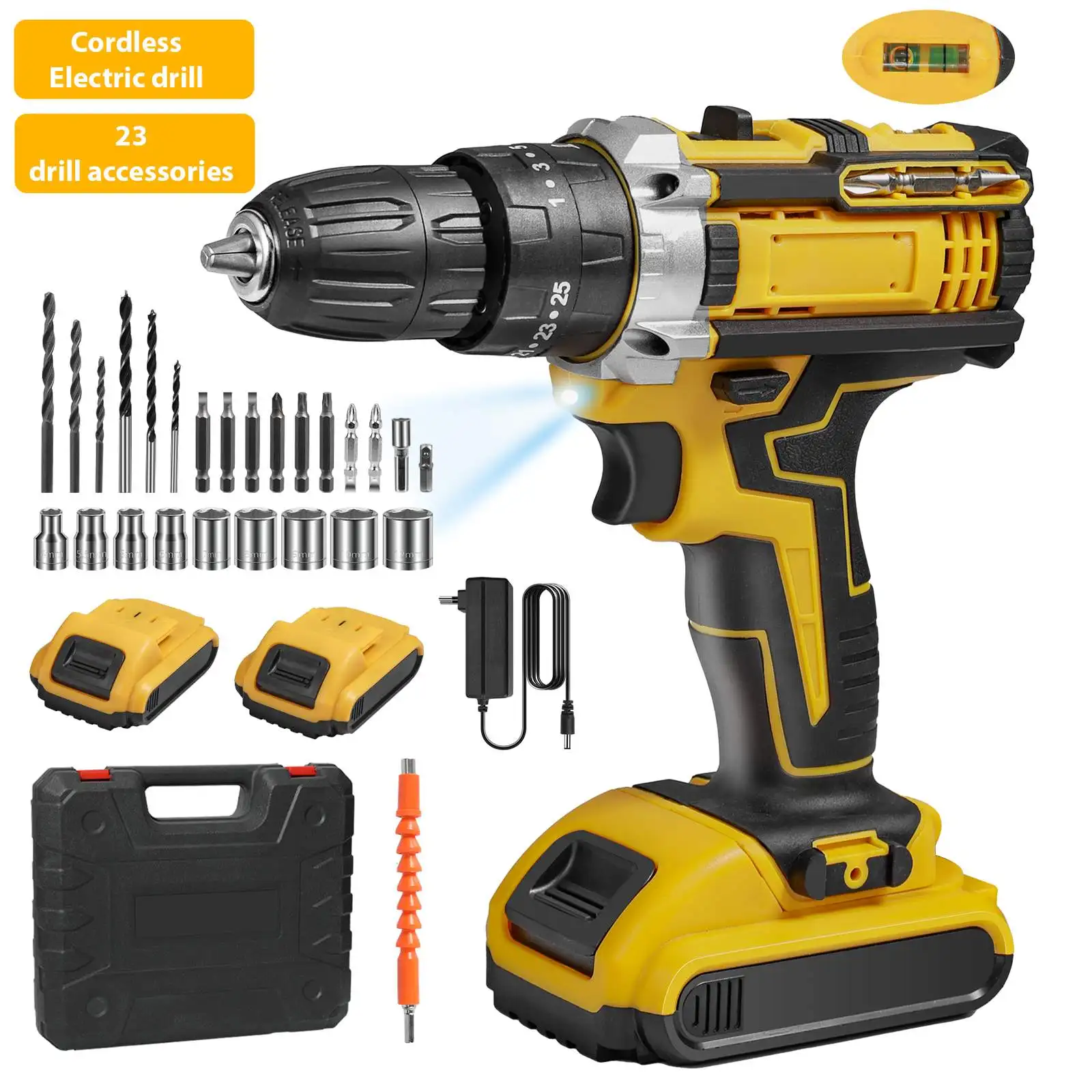 WIWISH 25 + 3 Torque Electric Impact Multifunctional Cordless Drive Power Tool Setting 2 Gear Speed with 2 Batteries