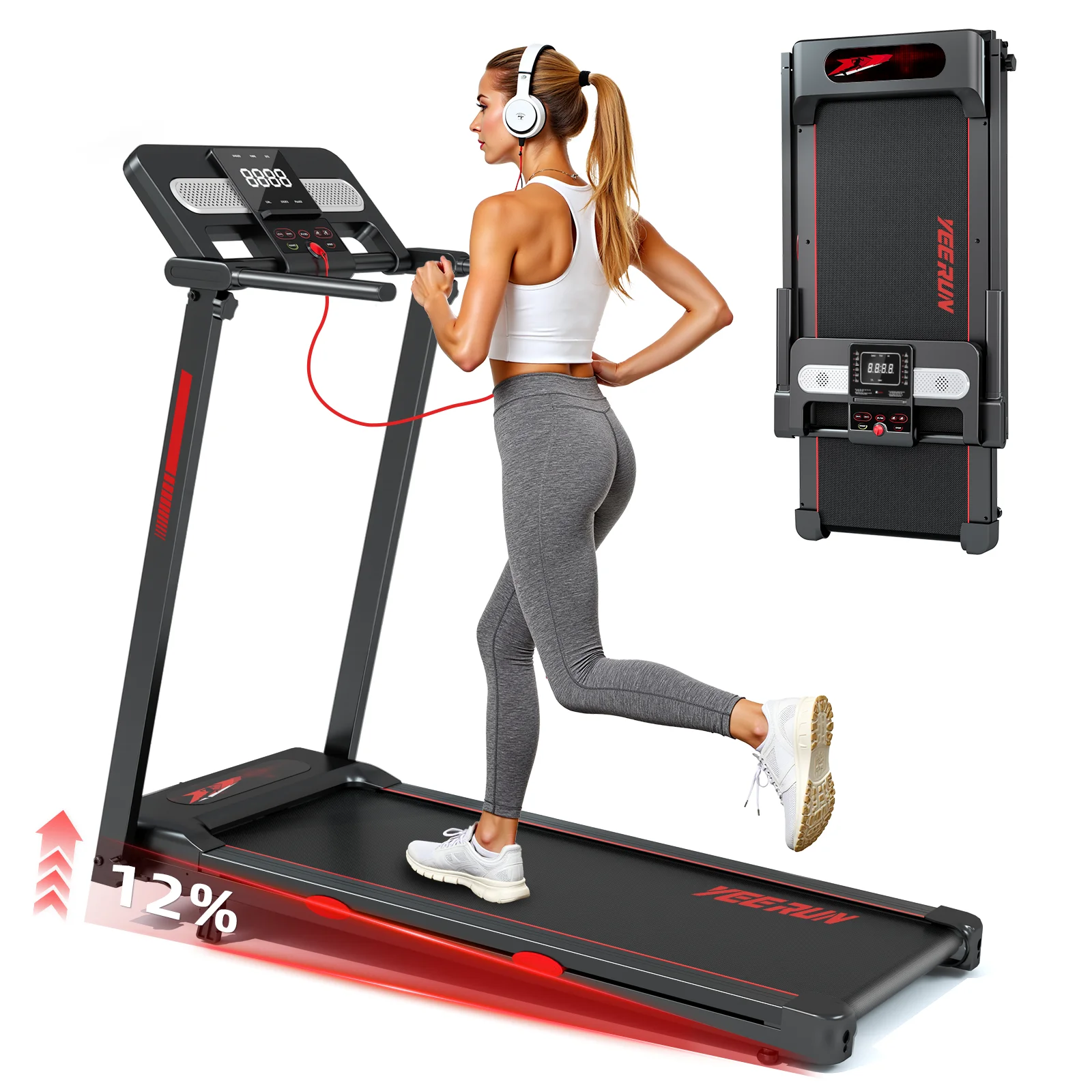 Loopband voor thuisgebruik, opvouwbaar: Hellingsverstelling van 0% tot 12%, snelheidsbereik van 1 tot 14 km/u, gewichtscapaciteit van 150 kg, ultrastille werking, LED-display, 12 trainingsprogramma's,