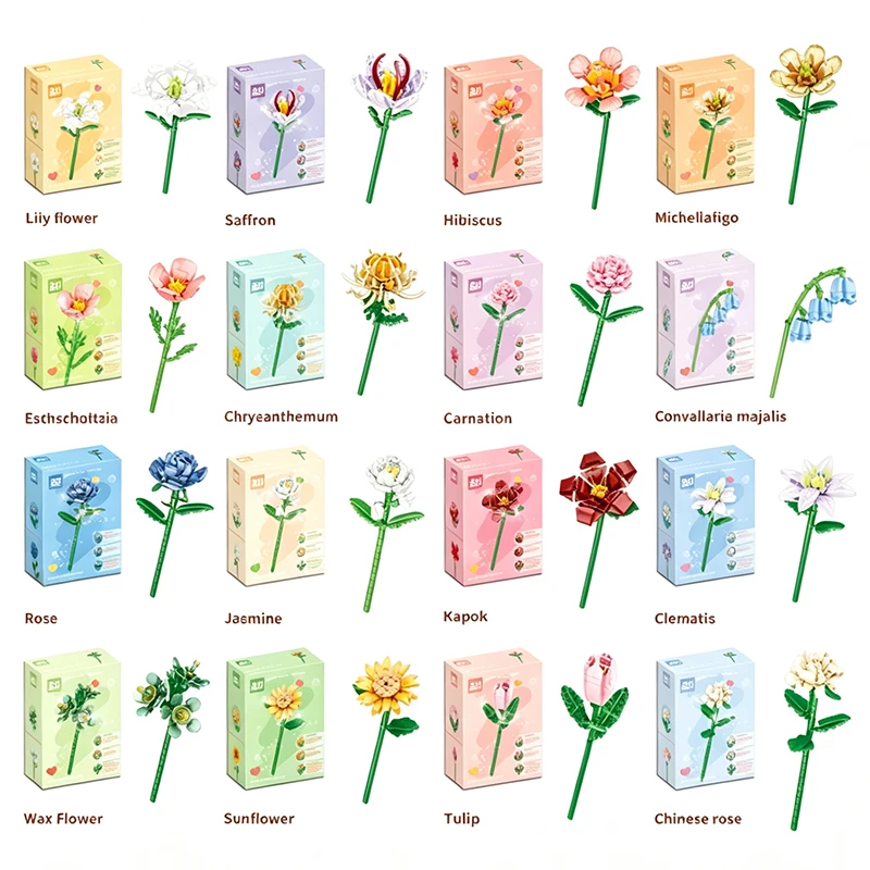 DIY Building Blocks Puzzle Toy MOC Lily Red Flower Hibiscus Chrysanthemum Carnation Rose Jasmine Cotton Sunflower Tulip Gift
