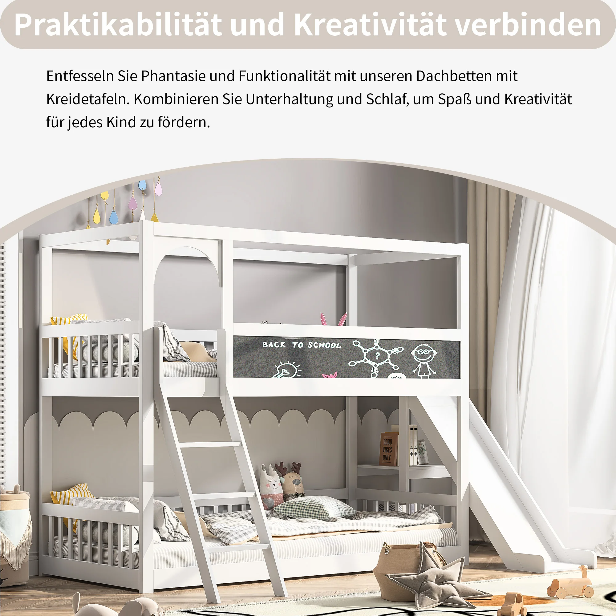 90x200cm Doppelbett mit Treppe und Rutsche, Bett mit Zaun, Bett mit Kinder tafel, umwelt freundliches Massivholz