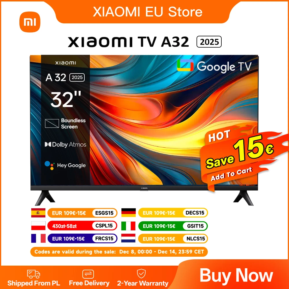 Xiaomi TV A 32, taille compacte avec écran coloré, son dynamique avec audio Dolby ™ , DTS-X et DTS Virtuel : X, Fini métallique haut de gamme