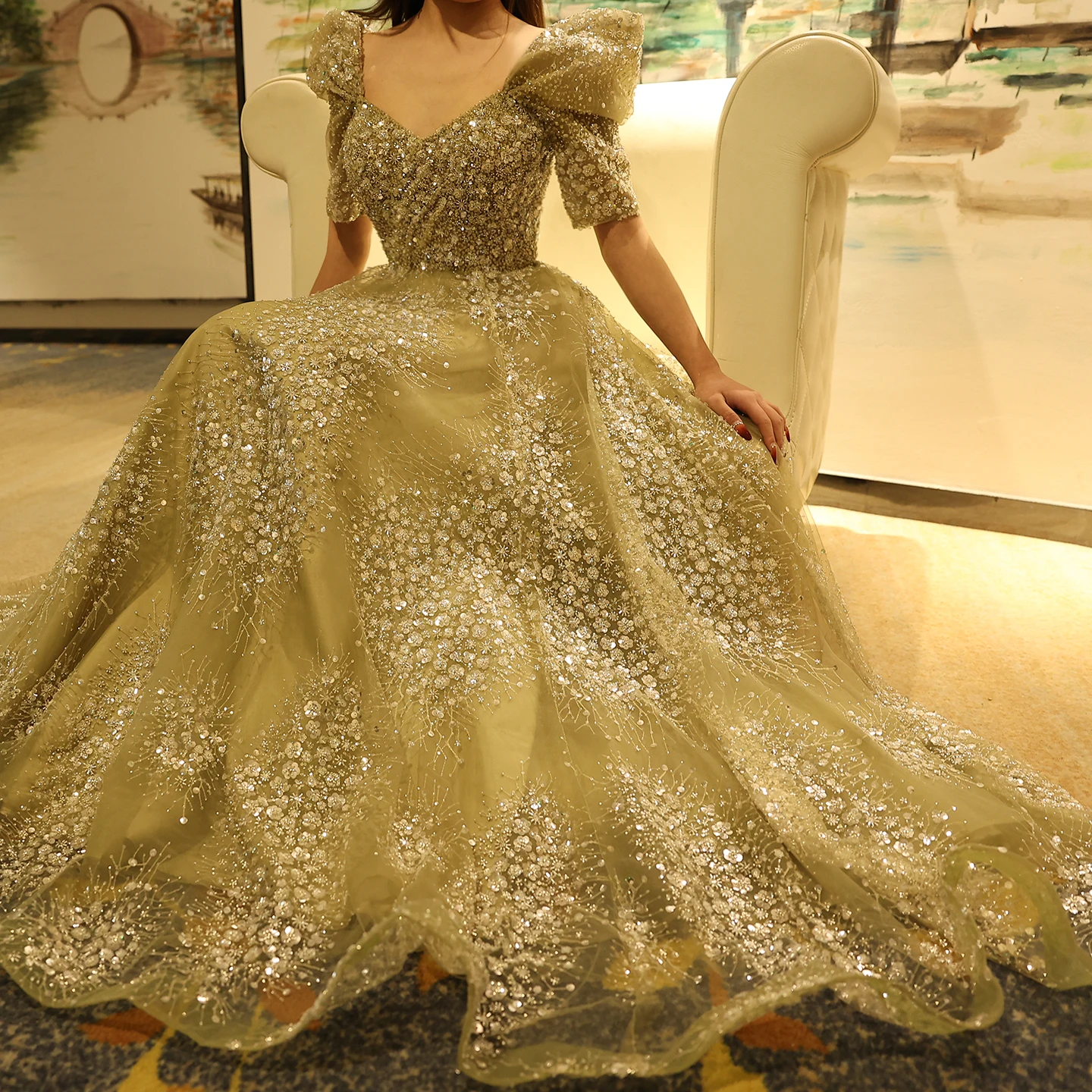 Sharon Said Glitter Lime Green Luxury Dubai Evening Dress for Arabic Wedding Engagement Formal Party Gowns SS155 Customized