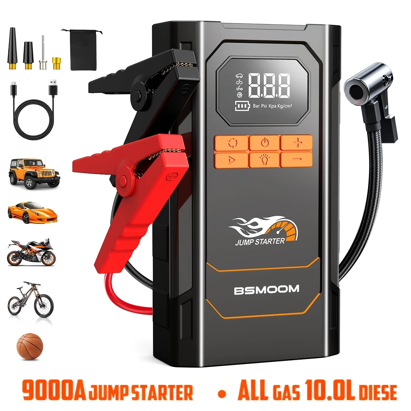 BSMOOM 9000A: avviatore di emergenza per auto con compressore, funzione di power bank e ampio schermo LED.