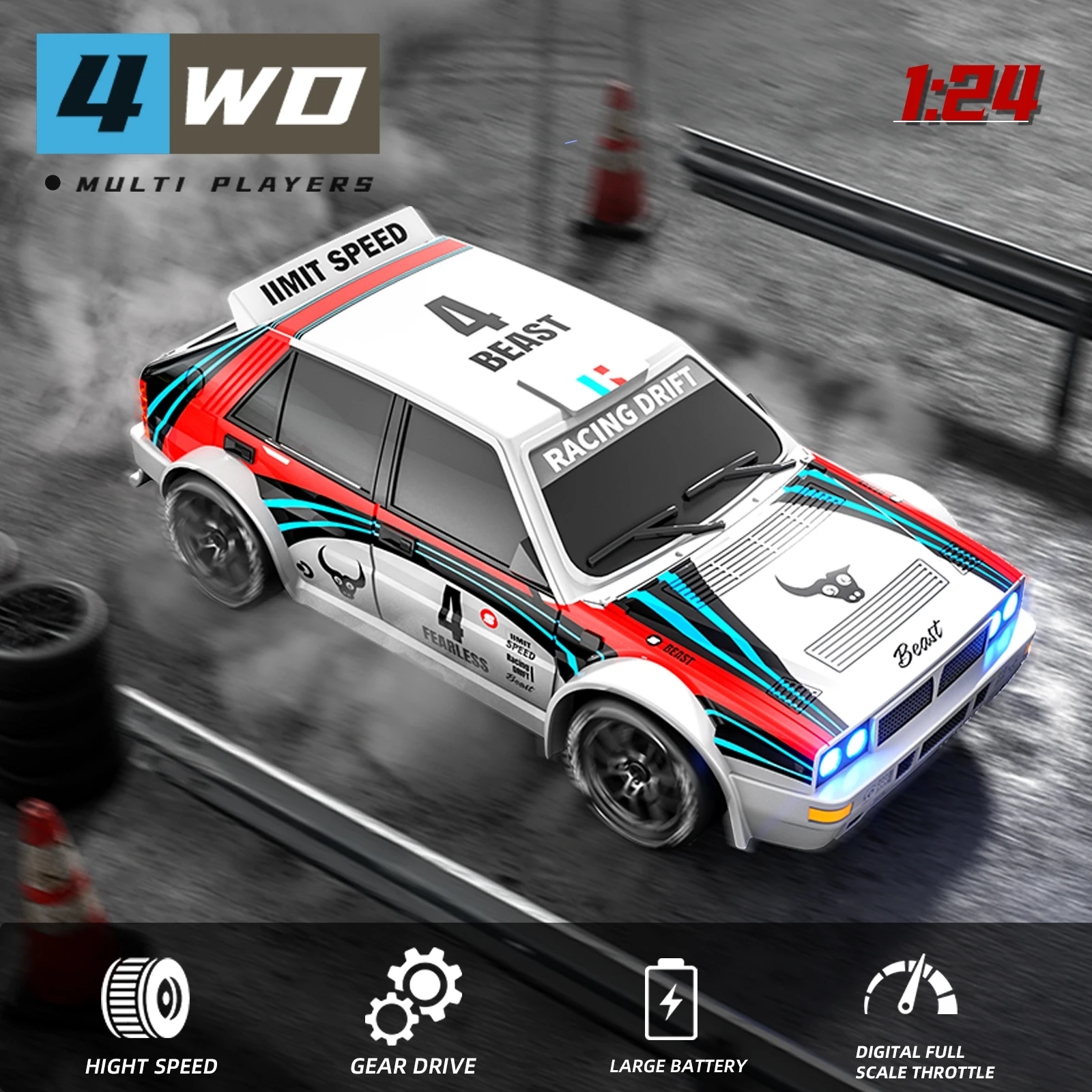 ZNLYRION 4WD RC Drift Auto im Maßstab 1:24, 20 km/h, 2,4G Ferngesteuertes Rennfahrzeug mit LED-Lichtern für Jungen und Erwachsene