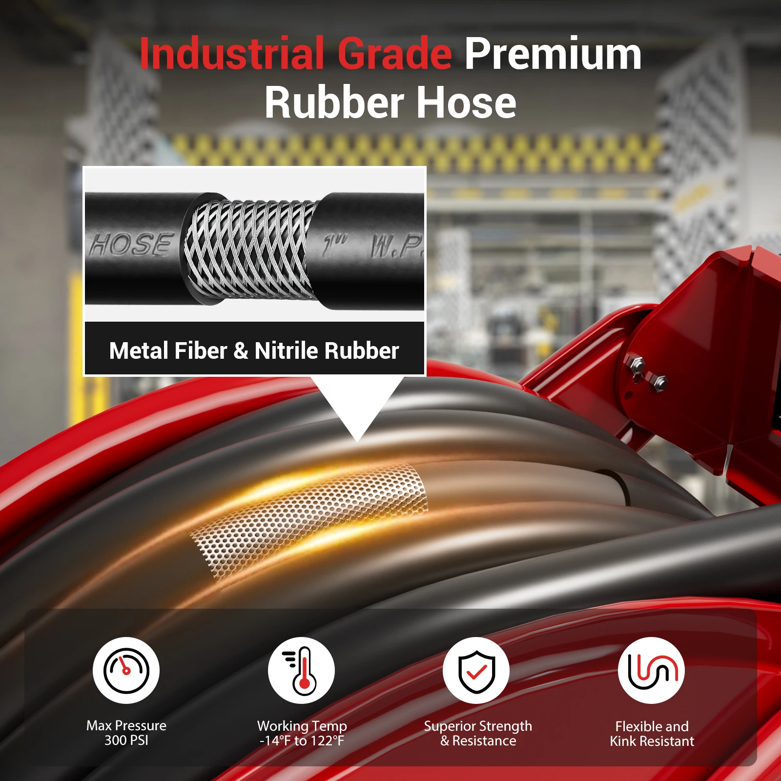 بكرة خرطوم الوقود 1 بوصة × 33 بوصة وقود الديزل القابل للسحب هيكل فولاذي عالي التحمل مع فوهة التزود بالوقود بكرة ديزل 300 رطل لكل بوصة مربعة #3