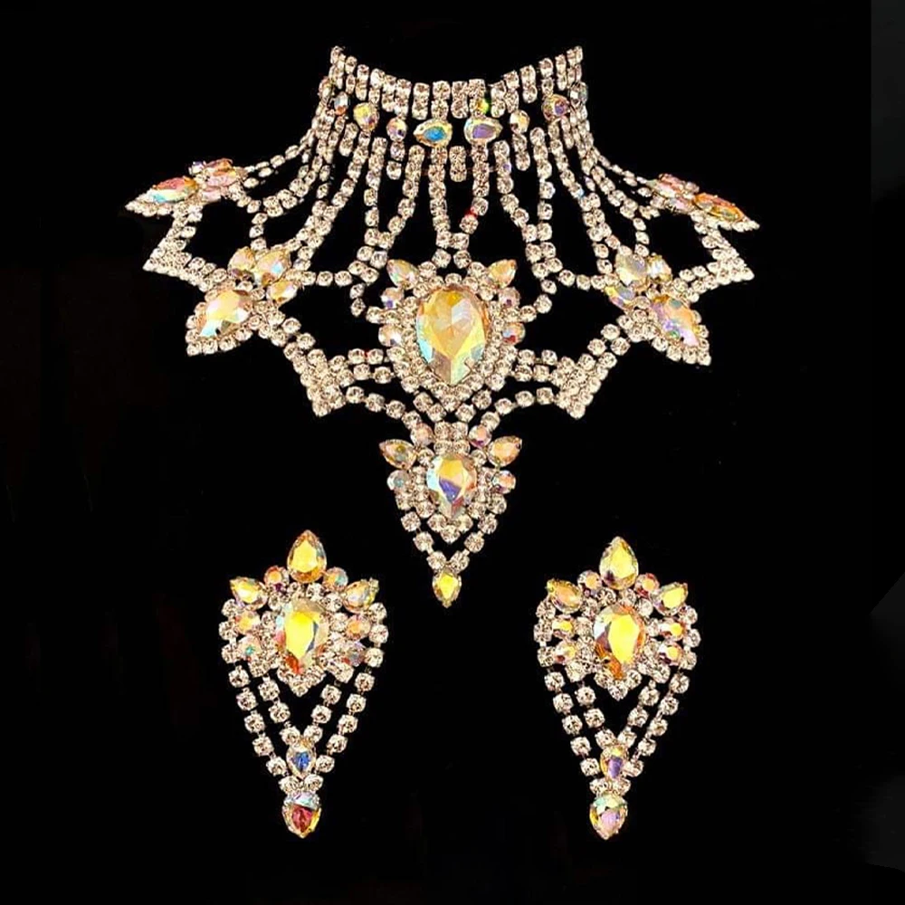 Stonefans Exaggerate Necklace and Earring Sets for Women Boho Wedding Gift Crystal 2pc/Set Larger Rhinestone Jewelry Drag Queen