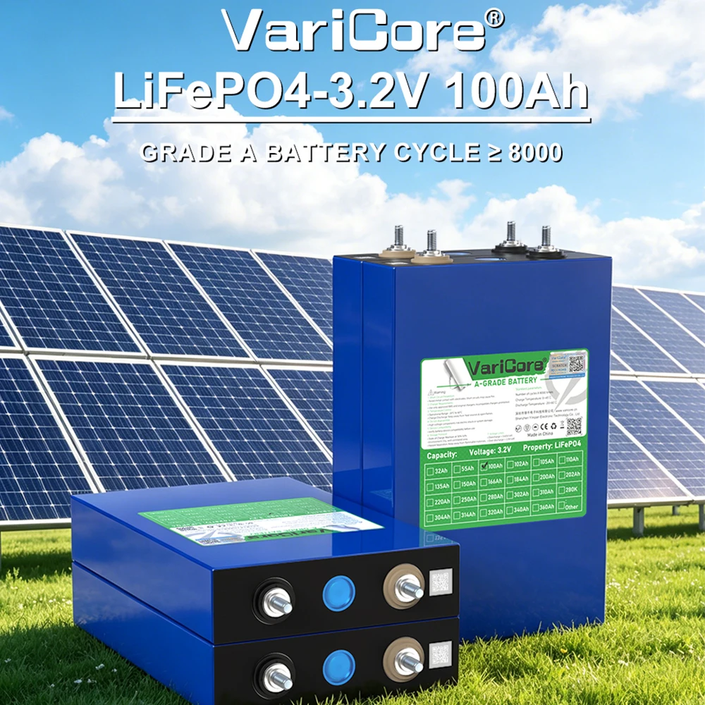 Varicore A-Grade 100Ah 8000 Zyklen LiFePO4 3,2V Wiederaufladbare Batterie, geeignet für DIY 12V 24V 48V Wohnwagen Marine Solarenergie
