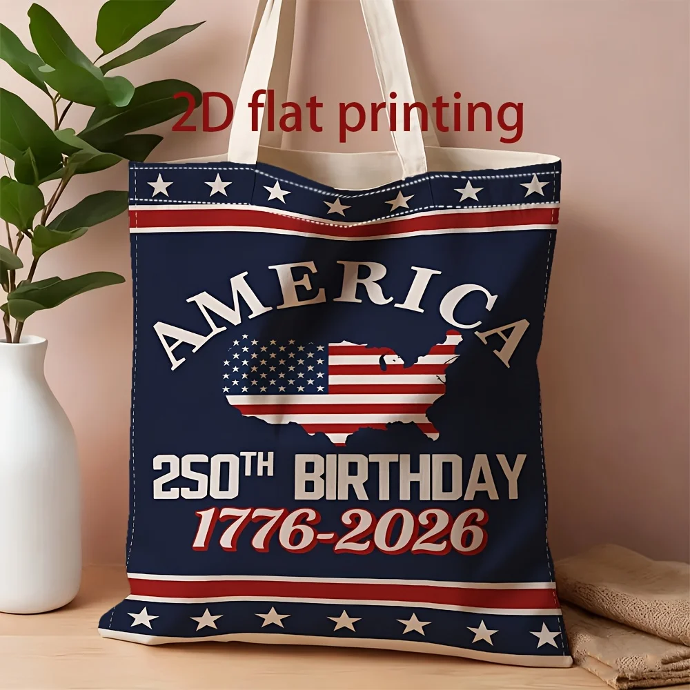 1 Piece of American 250Th Anniversary Commemorative Canvas Shoulder Bag with Vintage Flag Map Design, Lightweight Foldable Tote Bag with Fixed Shoulder Strap, Reusable Shopping Bag, Perfect Gift for Commuting, Travel, Shopping, School, and Holidays