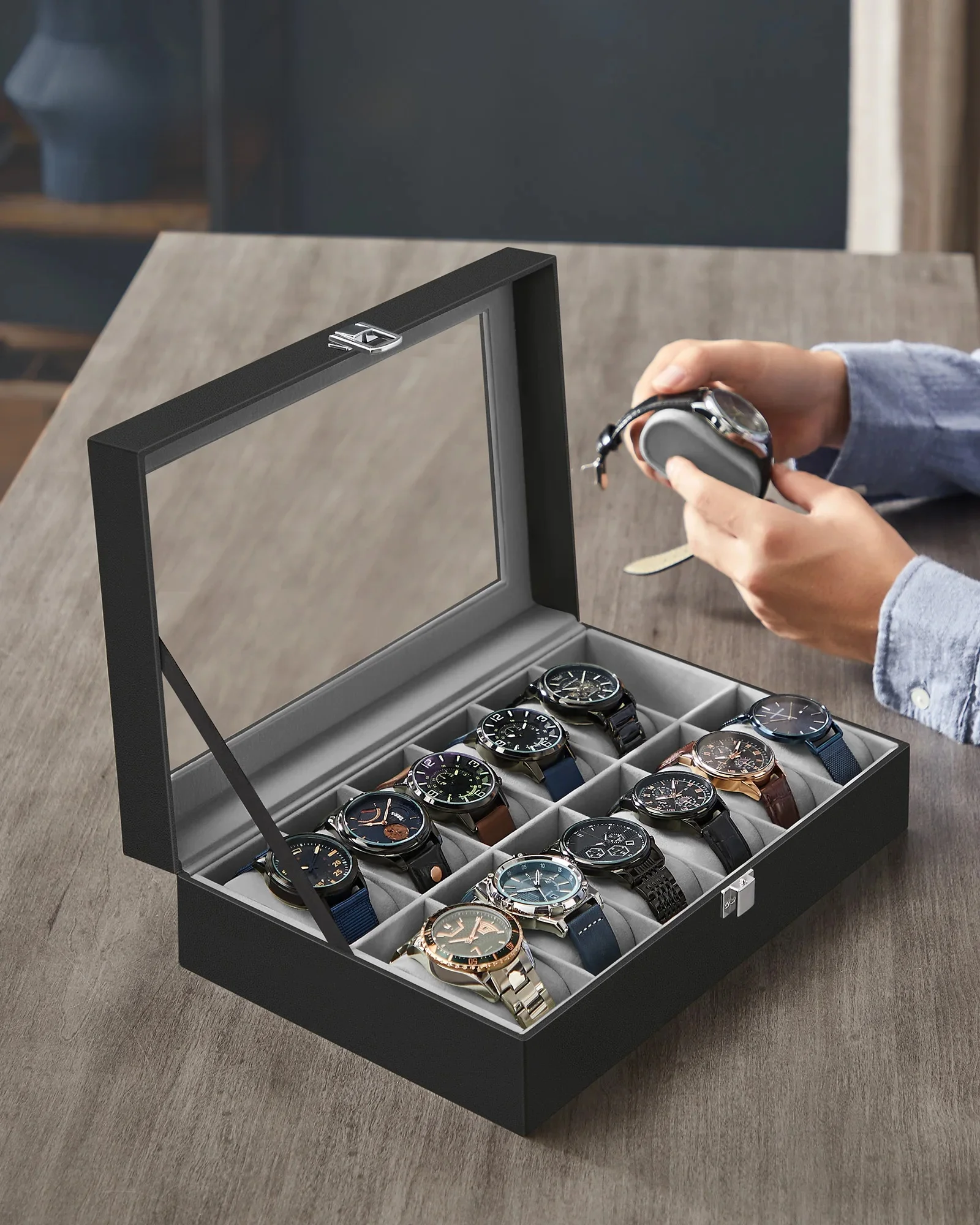SONGMICS Uhrenbox mit 12 Fächern, Uhrenkasten, Glasdeckel, Uhrenkoffer mit herausnehmbaren Uhrenkissen, Premium-Uhrenschatulle