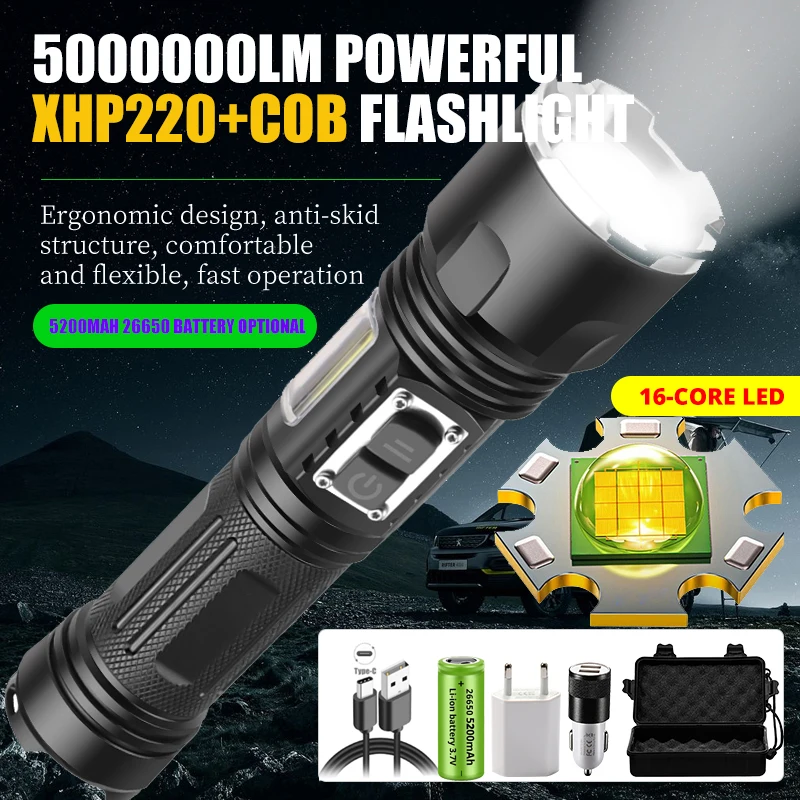 

5000000LM XHP220 Powerful LED Flashlight Rechargeable XHP199 USB Torch Light Tactical 18650 Waterproof Military Camping Lanterns